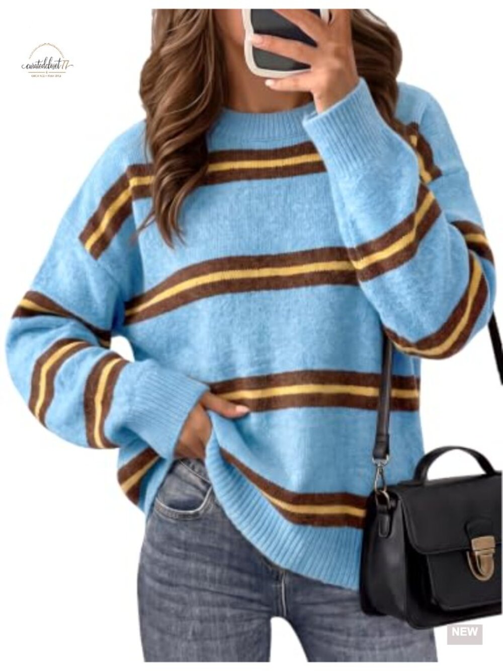 Women Oversized Striped Rugby Knit Sweater Crew Neck Pullover Long Sleeve